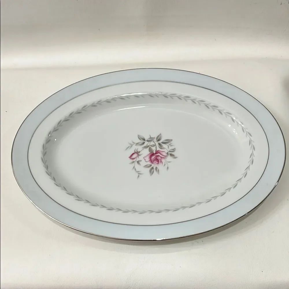 Regency Japan Oval Serving Platter Silver Trim Blue White Pink Rose Floral